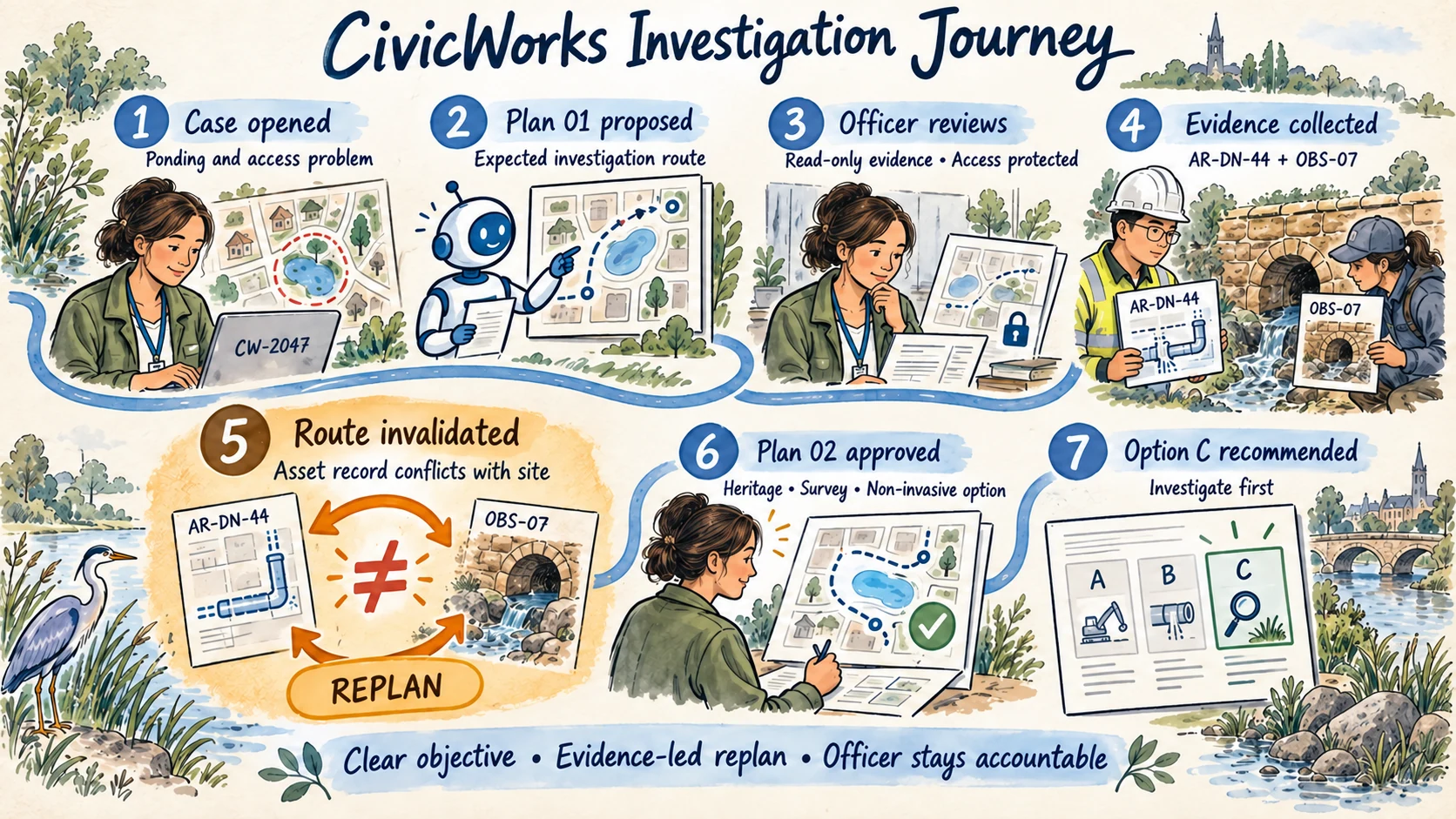 The CivicWorks officer journey from opening case CW-2047 through plan review, conflicting drainage evidence, replanning and an evidence-backed Option C recommendation