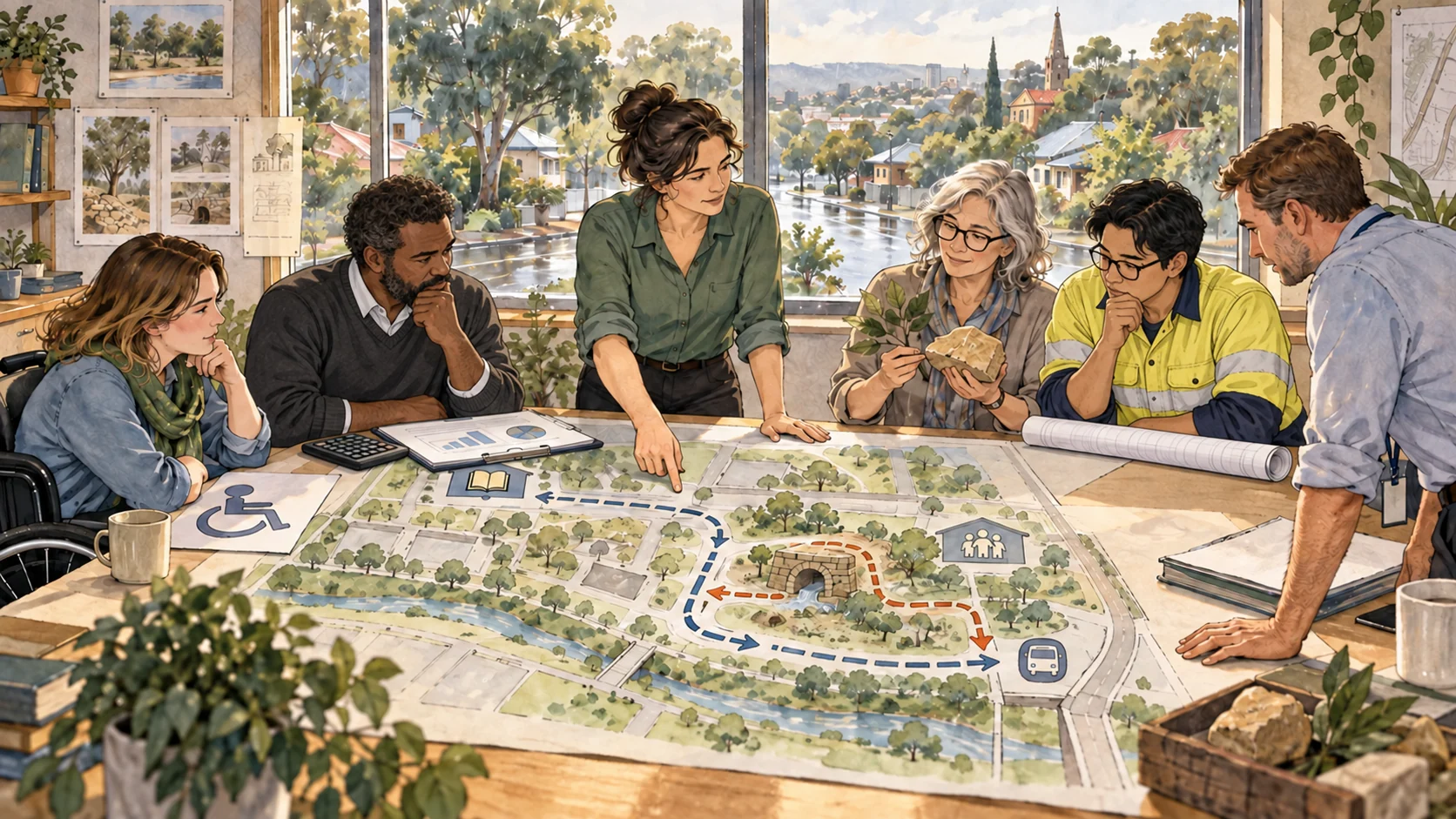 A CivicWorks council team studies a neighbourhood map as sandstone evidence changes the proposed investigation route