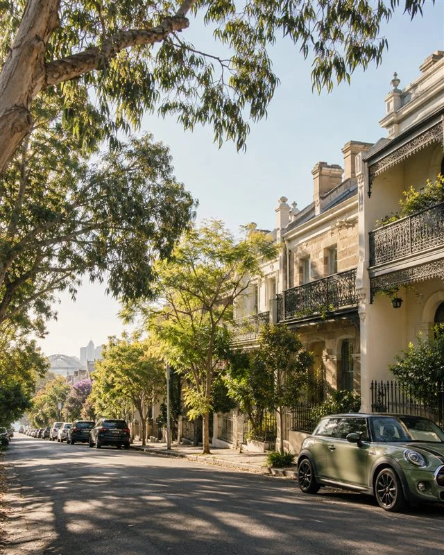 A leafy Sydney street lined with parked cars and terrace houses