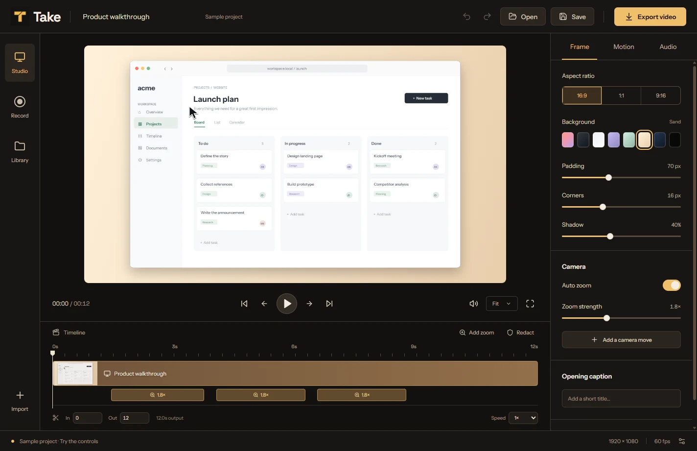 Take screen recorder showing a sample software demo, framing controls and a timeline with editable zoom
